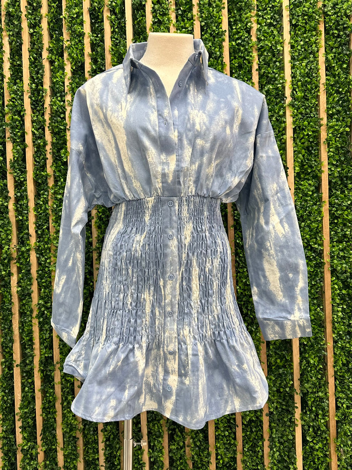 Blue Tie Dye Fitted Shirt Dress