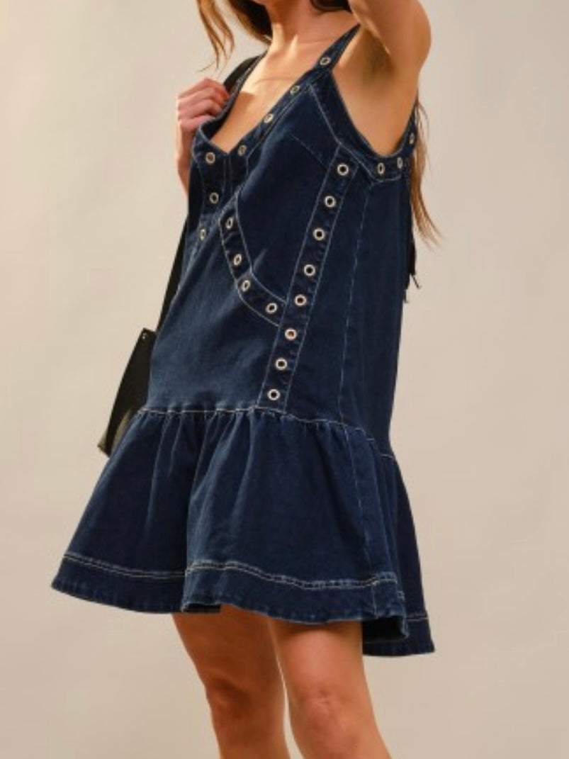 Dark Denim Grommet Detail Dropwaist Short Dress