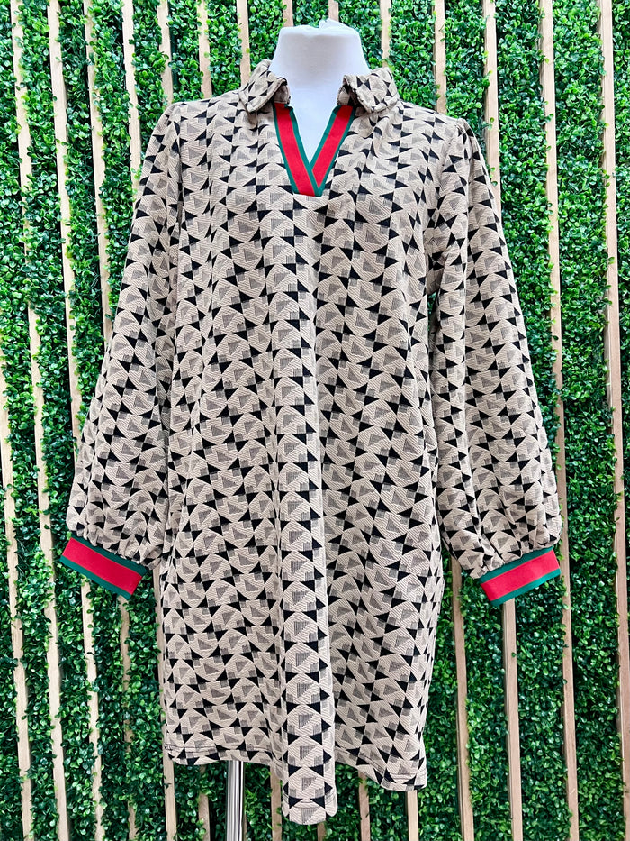 Taupe Geo Print Shirt Dress