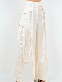 Satin Cream Crinkled Cargo Dressy Pants