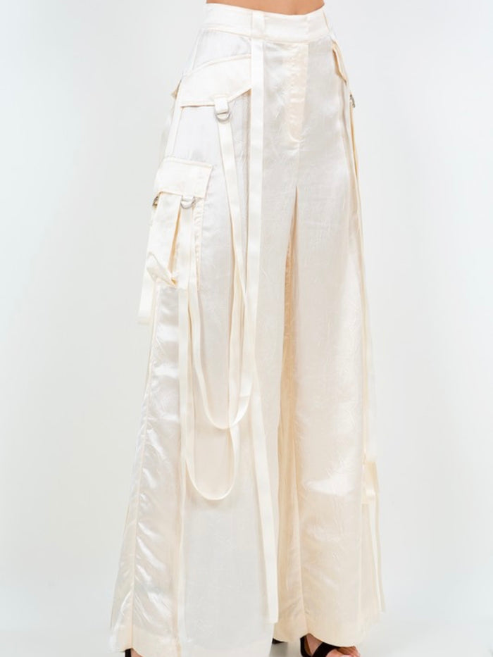Satin Cream Crinkled Cargo Dressy Pants
