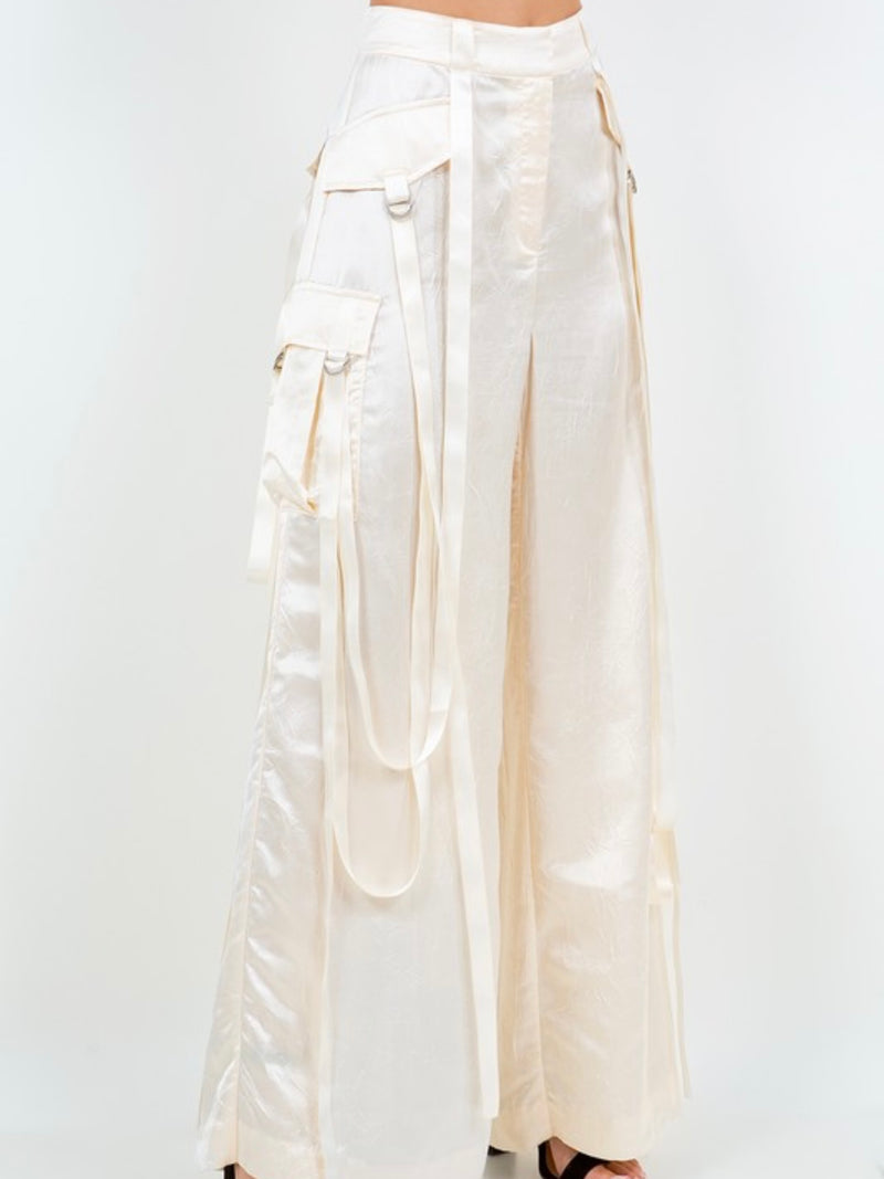 Satin Cream Crinkled Cargo Dressy Pants