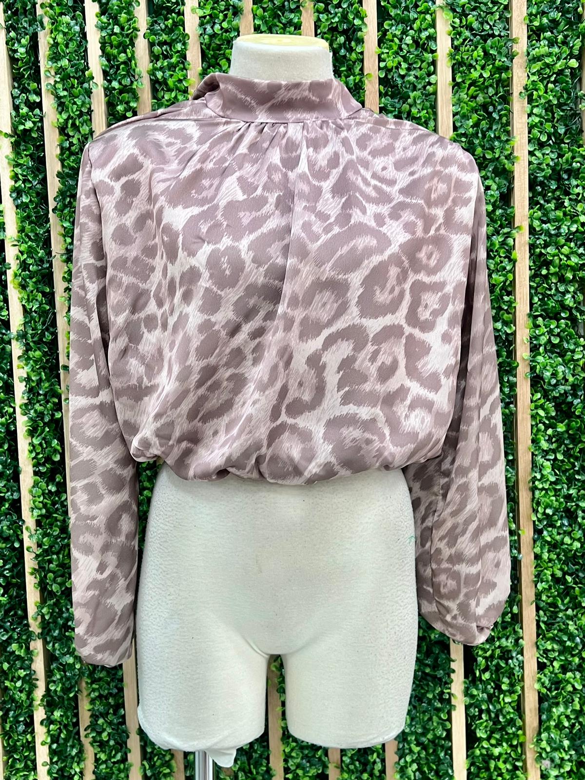 High Neck Leopard Print Crop Blouse