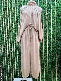 Taupe Draped Satin Long Sleeve Top for Women