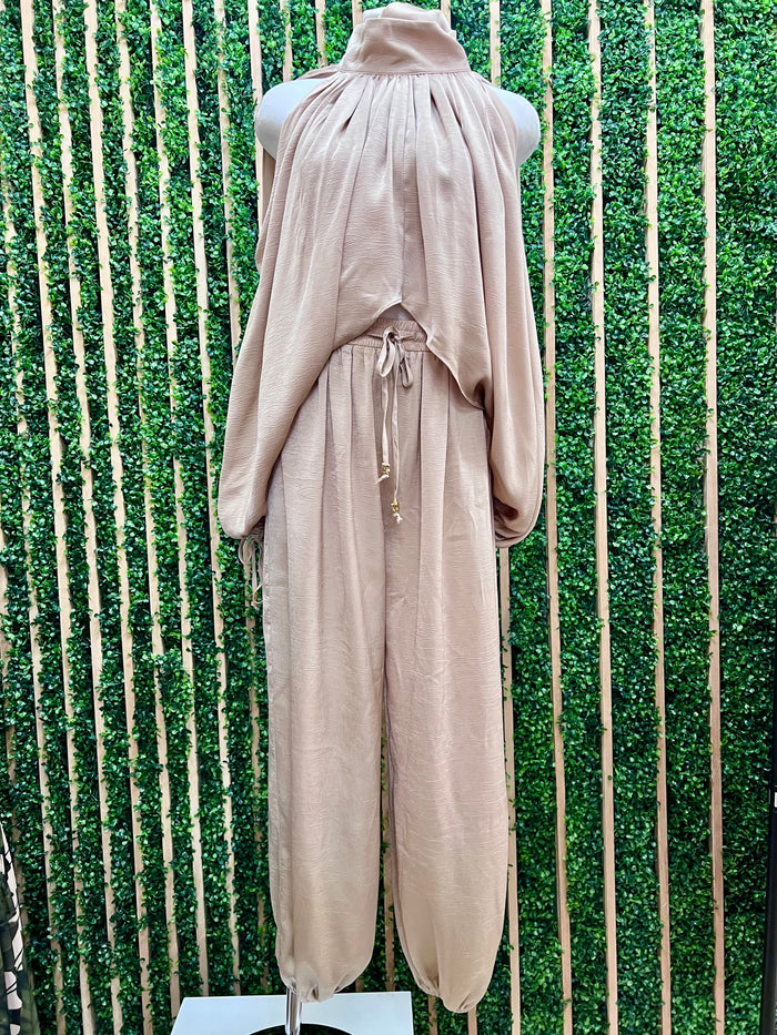 Taupe Draped Satin Long Sleeve Top for Women