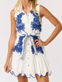 Off White Blue Embroidered Button Down Short Dress