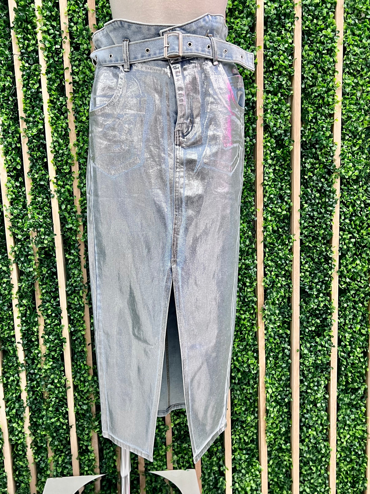 Silver Denim Front Slit Midi Denim Skirt