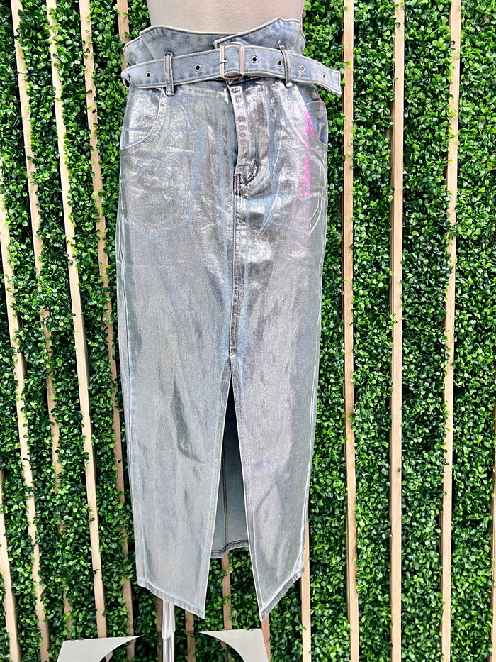 Silver Denim Front Slit Midi Denim Skirt