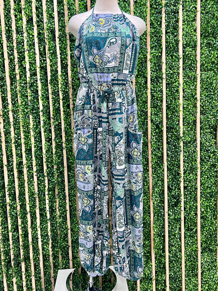 Green Paisley Halter Jogger Jumpsuit