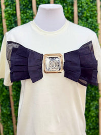 Cream Large Black Bow Embellished Shirt