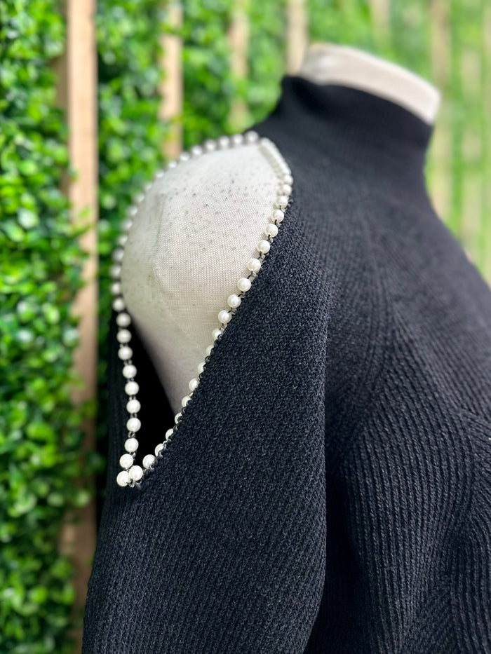 Exquisite Pearl Trim Cutout Sweater