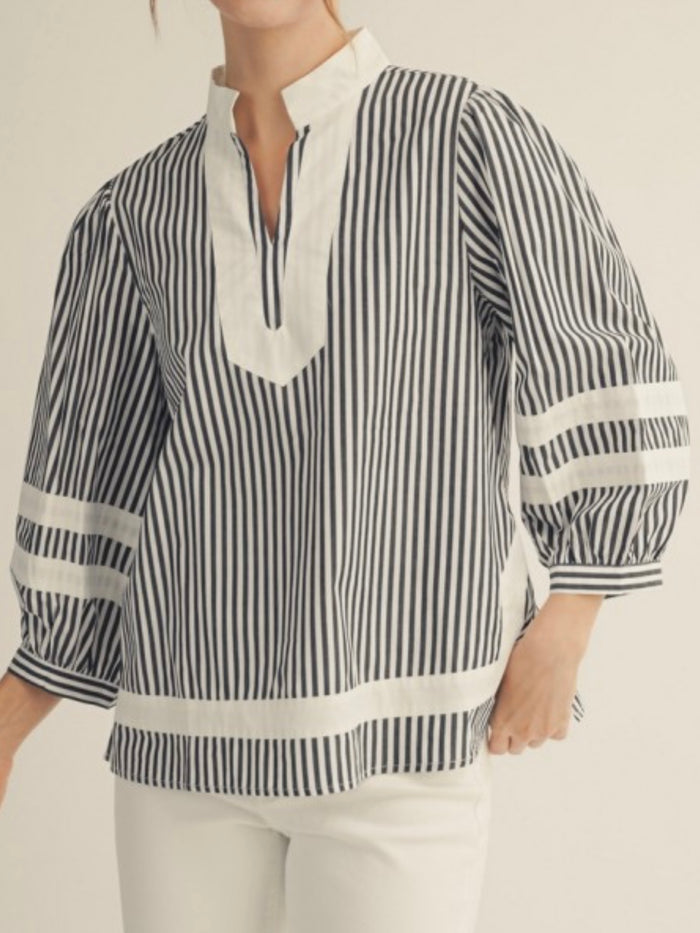 Black Ivory Stripe Balloon Sleeve V Neck Blouse