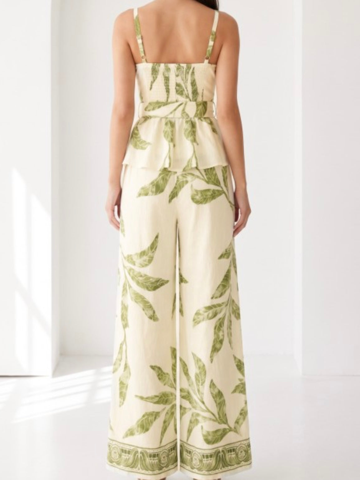 Ivory Green Tropical Palm Print Peplum Top