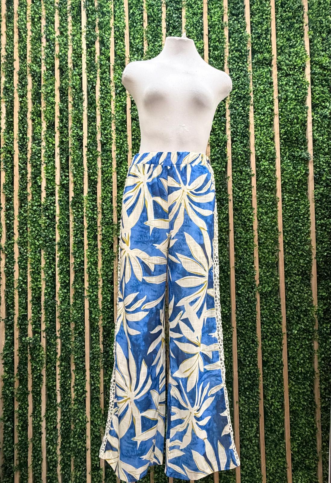 Blue Tropical Print Lace Cami Top