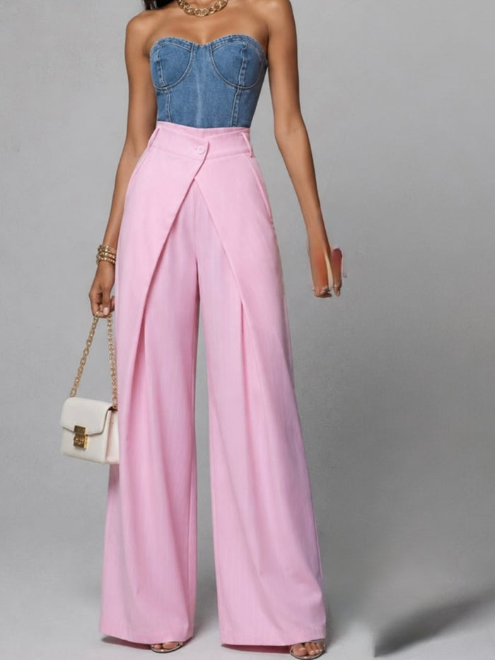 Pink High-Waisted Wrap Wide-Leg Pants