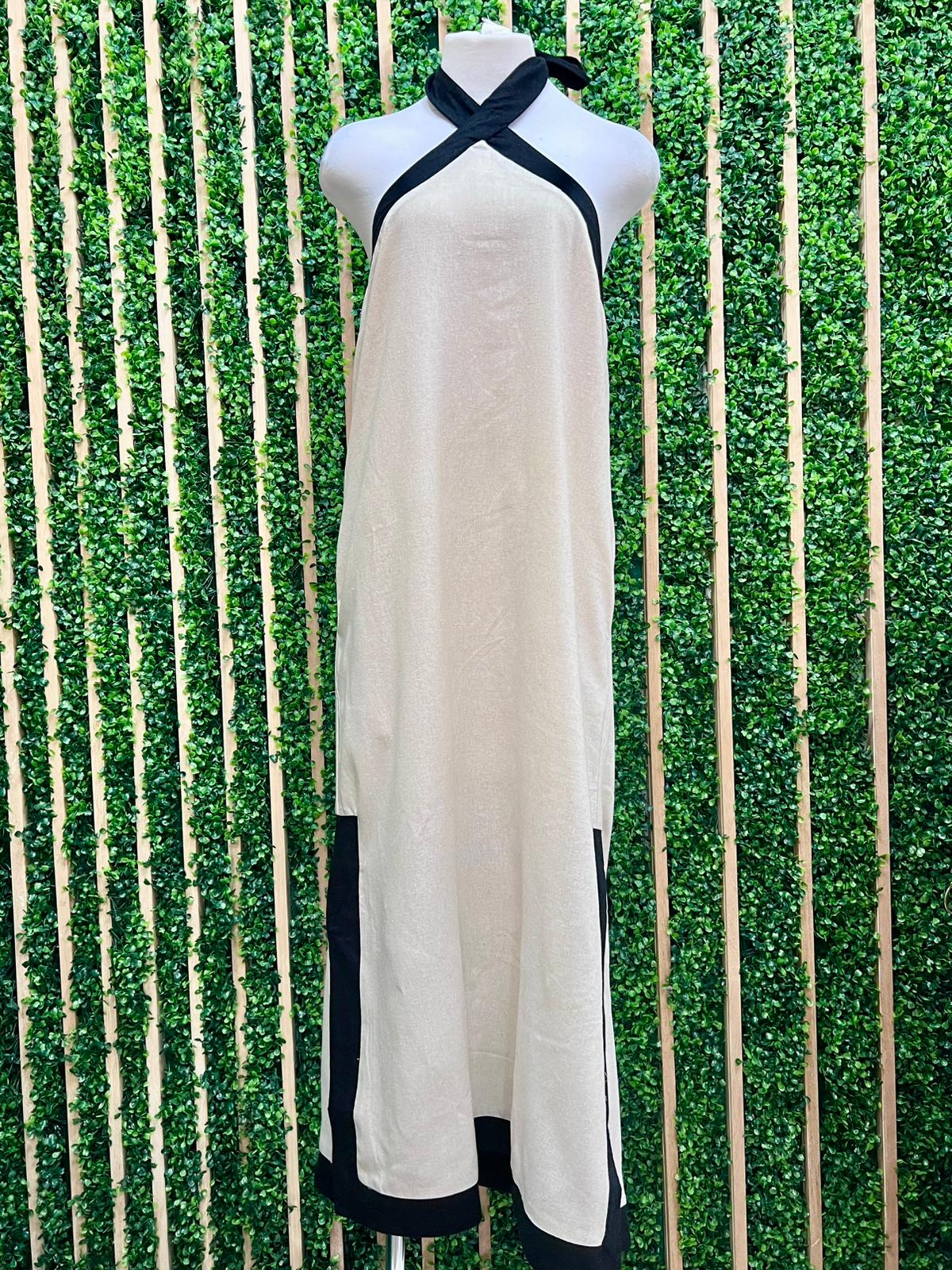 Beautiful Oatmeal Black Trim Halter Maxi Dress