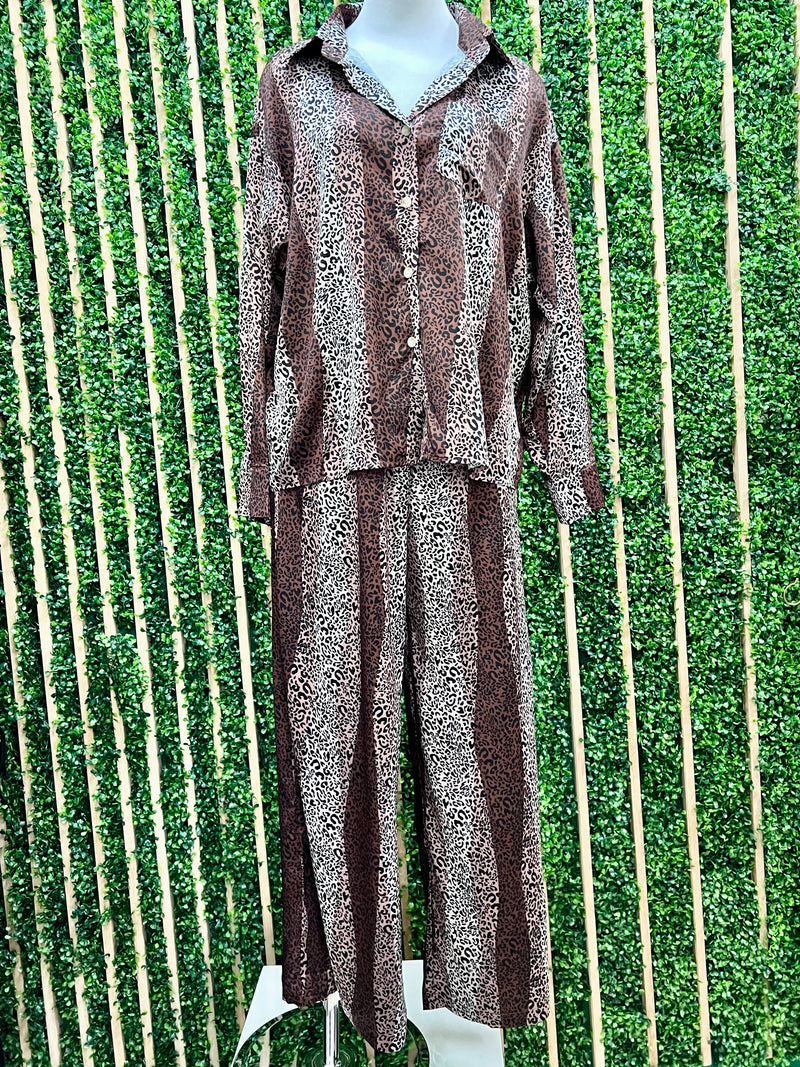 Brown Contrast Vertical Leopard Pant