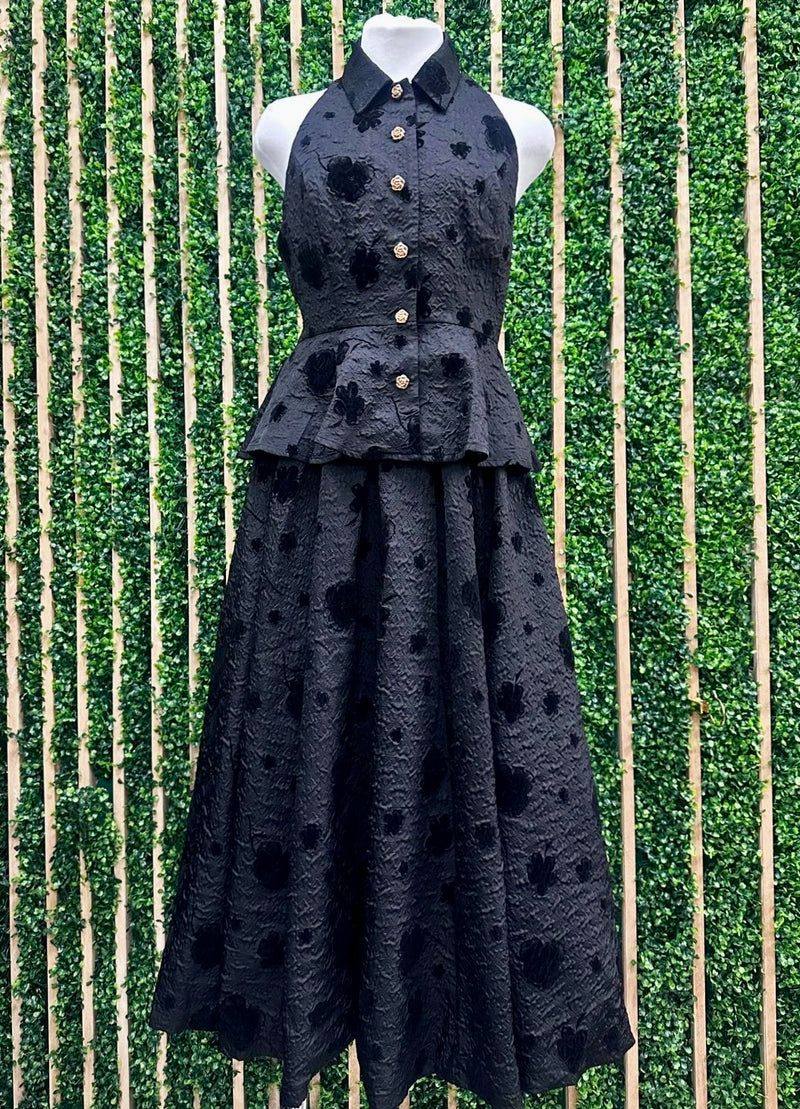 Beautiful Black Floral Embossed Midi Skirt