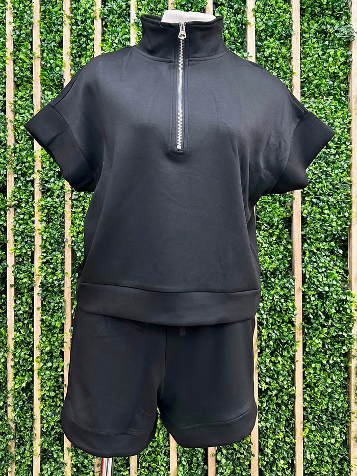 Black Zipper High Neck Modal Short Pant Set