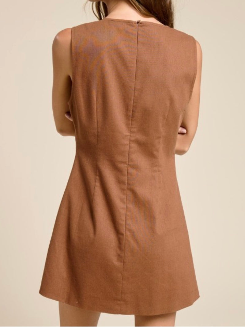 Brown Front Bows Round Neck Short Linen Dress
