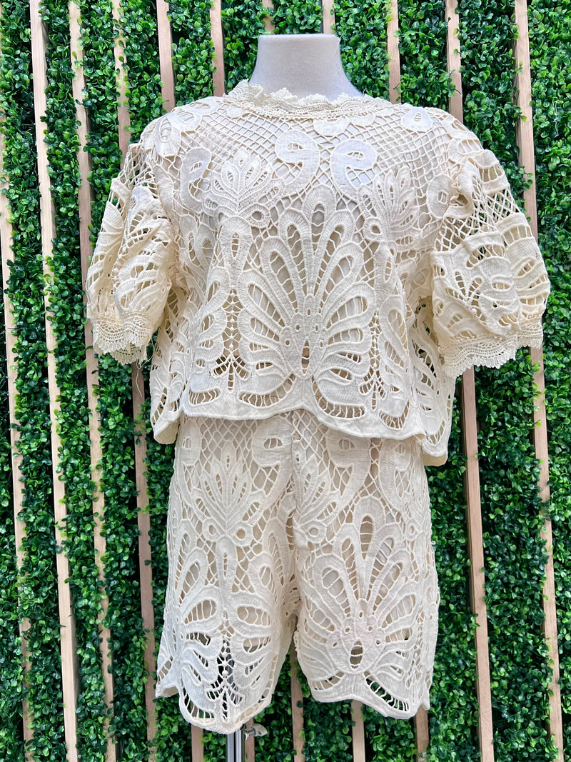 Beige Lace Short Sleeve Short Pant Set