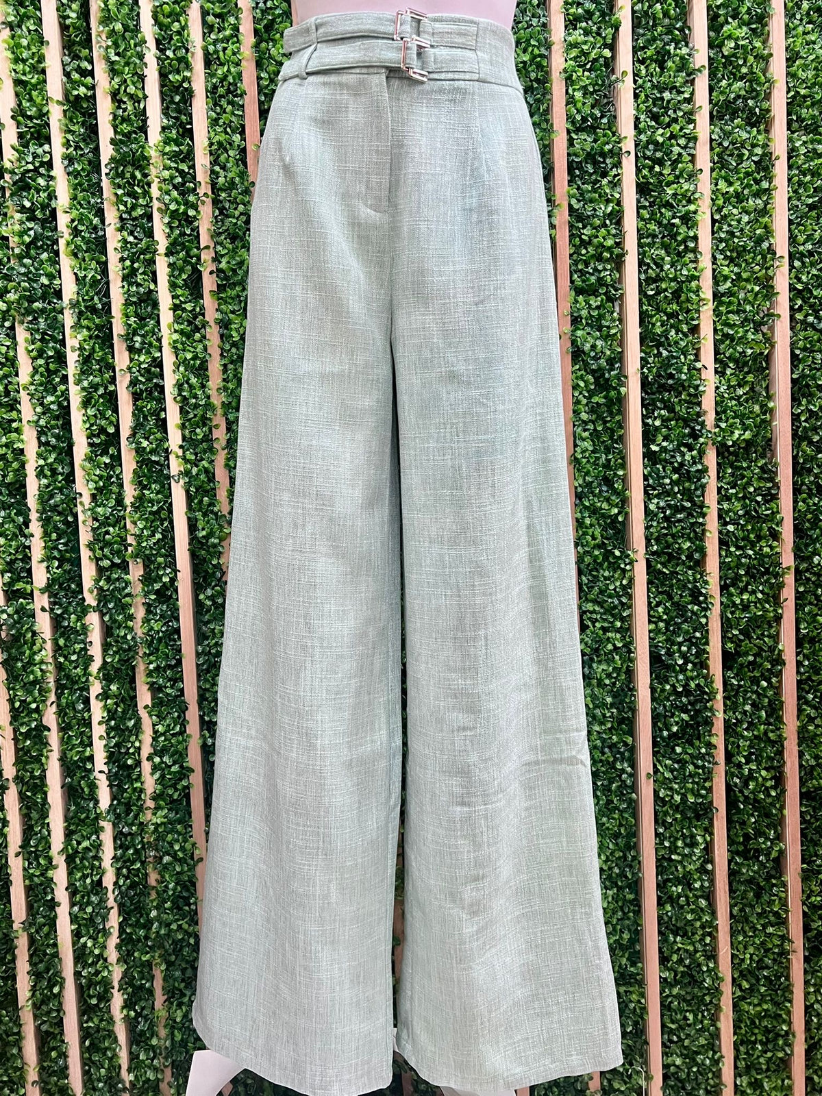 Sage Elegance Wide-Leg Belted Pants