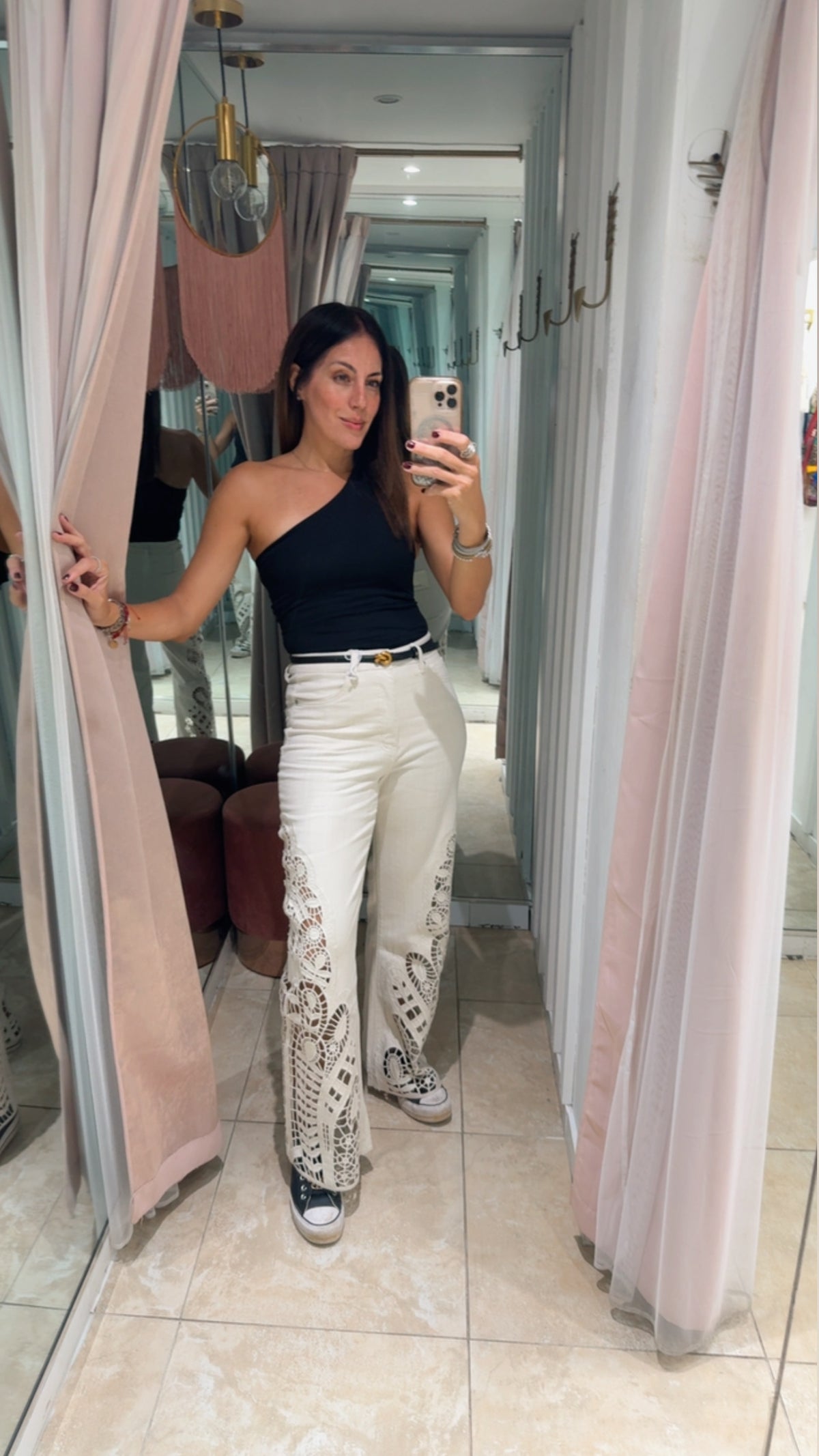 Cream Side Lace Legs Wide Leg Denim Pant