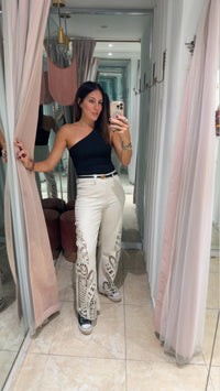 Cream Side Lace Legs Wide Leg Denim Pant