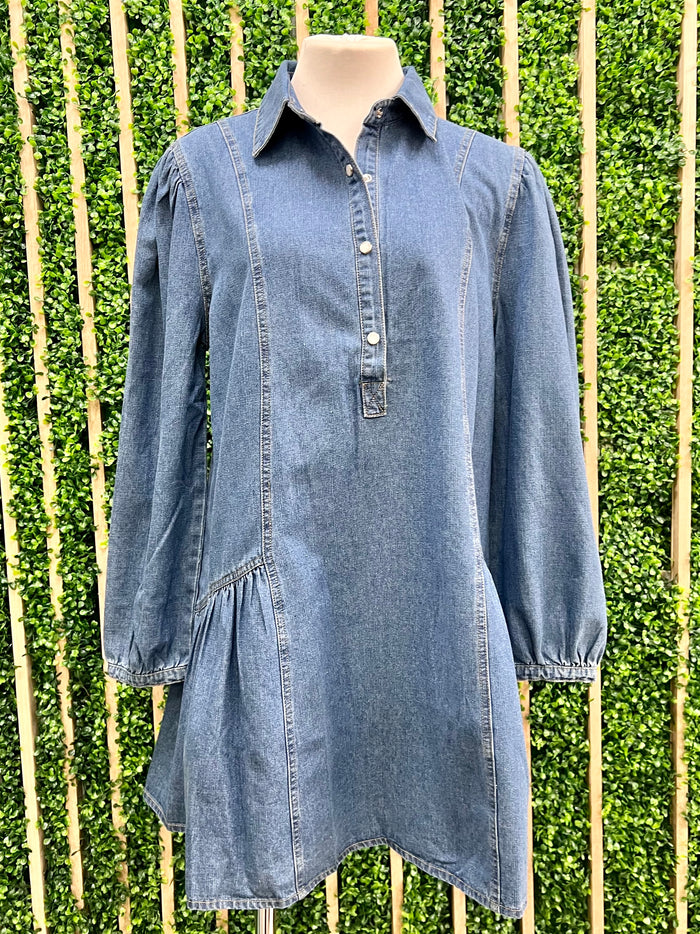 Side Shirring Drop Waist Denim Dress