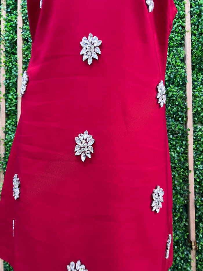 Red Gem Embellished Halter Short Dres