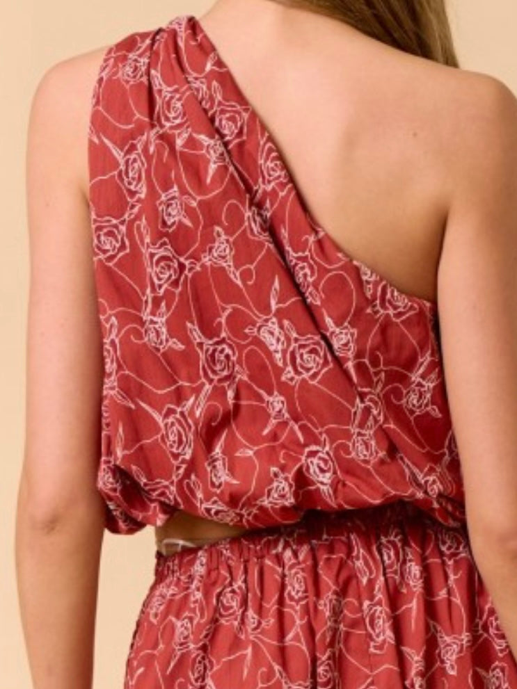 Terracotta Red Gold floral Detail one Shoulder Bubble top