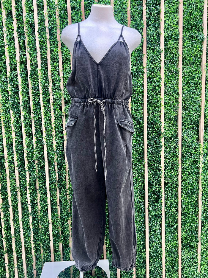 V Neck Washed Jogger Jumpsuit