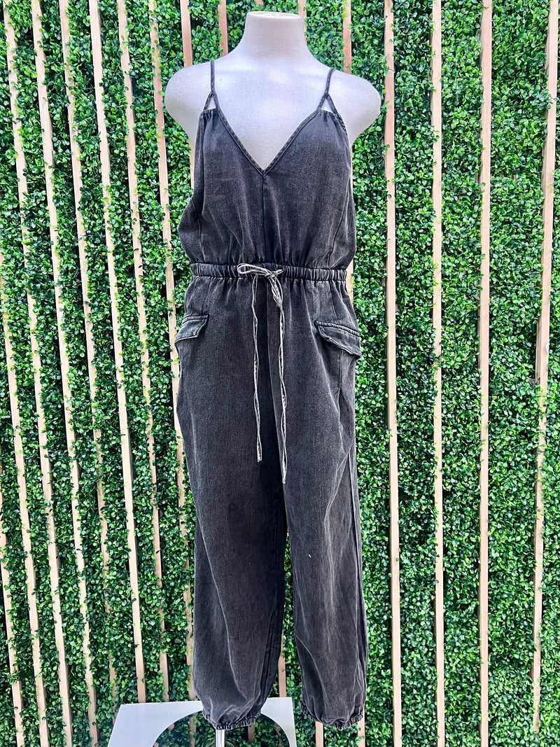V Neck Washed Jogger Jumpsuit