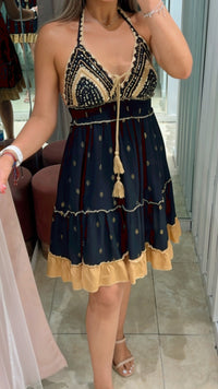 Black Lurex Mix Beaded Halter Short Dress