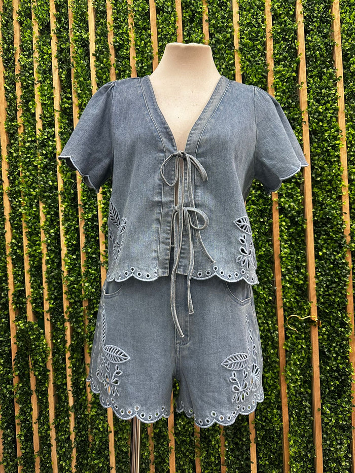 Denim Front Tie Embroidered Short Sleeve Vest