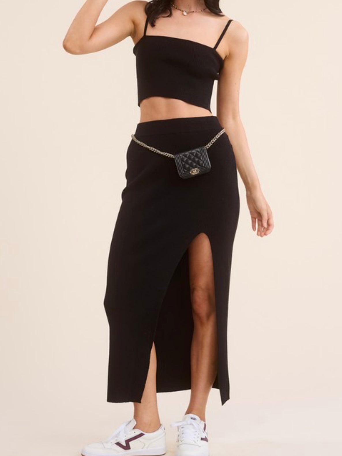 Black Crop Midi Knit Skirt Set