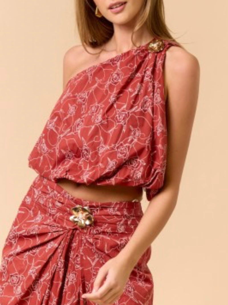 Terracotta Red Gold floral Detail one Shoulder Bubble top