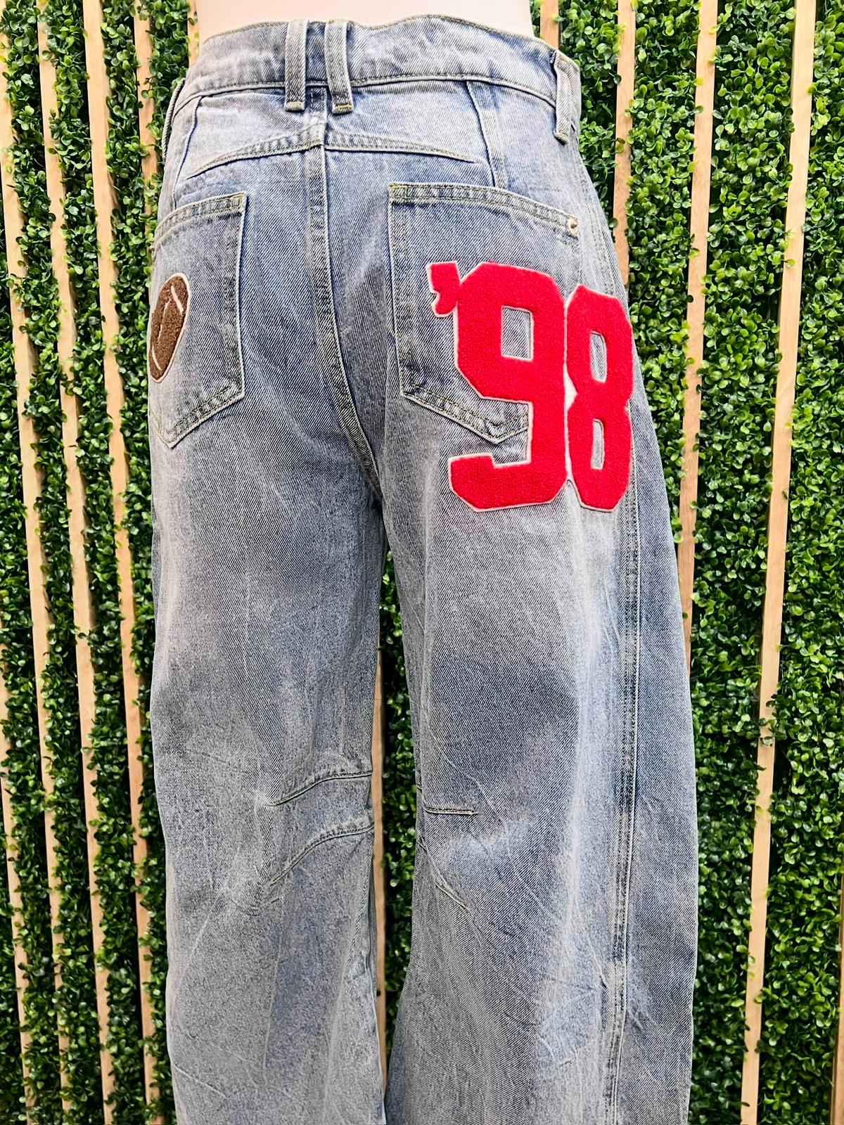 Football Patch Back Pockets Barrel Jeans