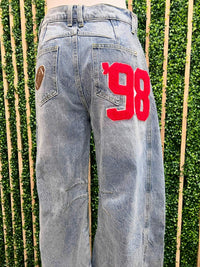 Football Patch Back Pockets Barrel Jeans