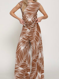 Brown & Ivory Palm Print Wide-Leg Matching Set