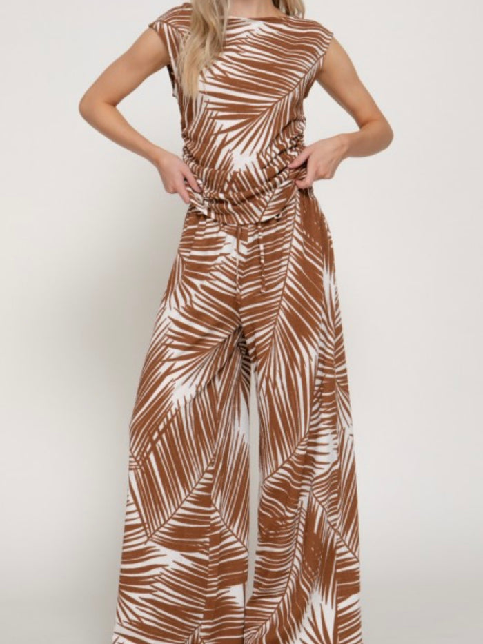 Brown & Ivory Palm Print Wide-Leg Matching Set
