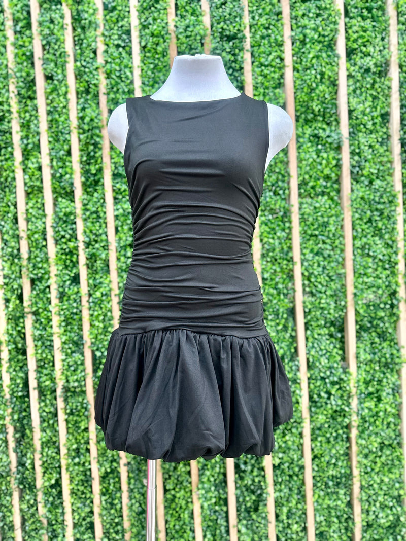 Black Boat Neck Ruched Short Bubble  Deess