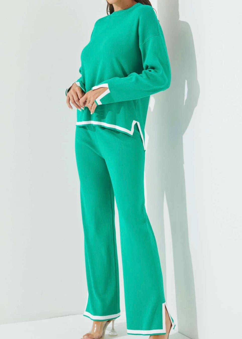 Green Contrast Stripe Knit Set