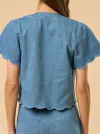 Denim Front Tie Embroidered Short Sleeve Vest