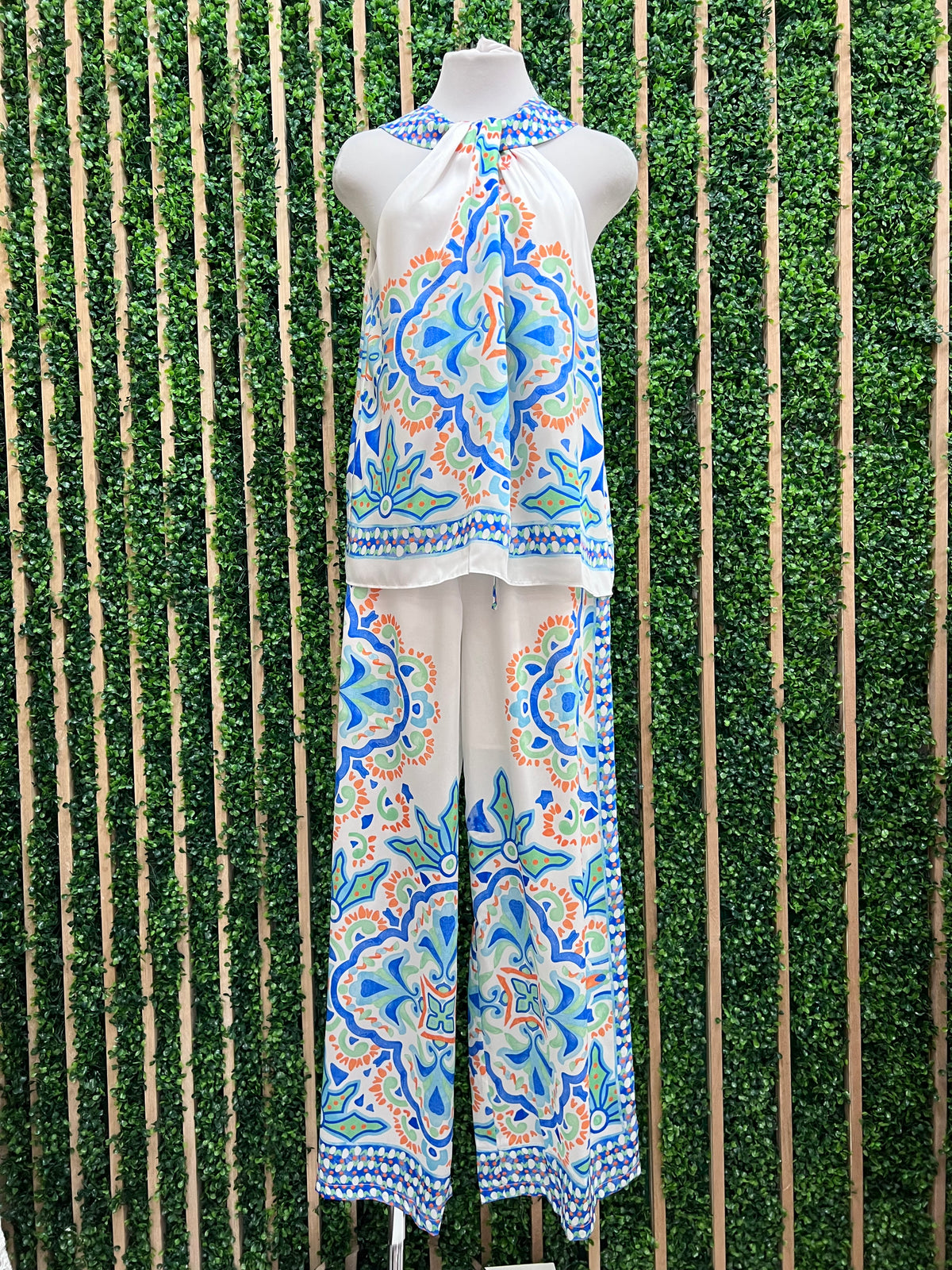 Blue Mediterranean Deco Print Wide Leg Pant