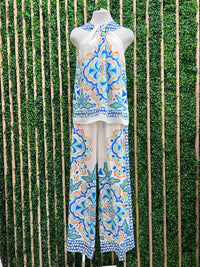 Blue Mediterranean Deco Print Wide Leg Pant