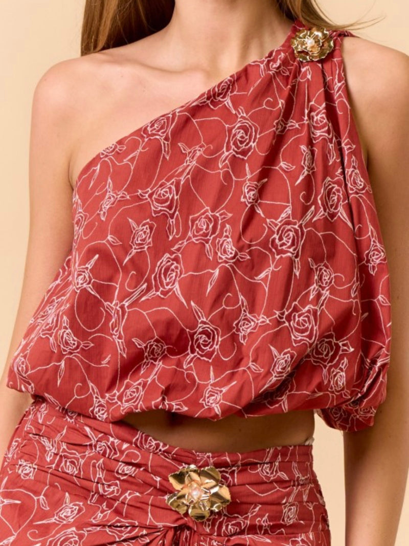 Terracotta Red Gold floral Detail one Shoulder Bubble top