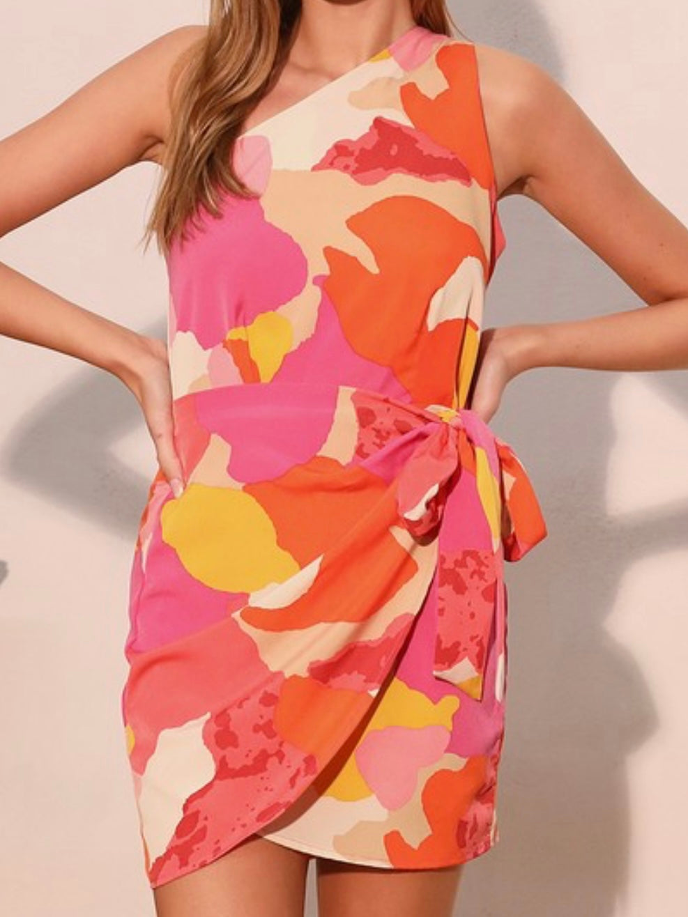 Pretty Abstract Print One Shoulder Wrap Short Dress