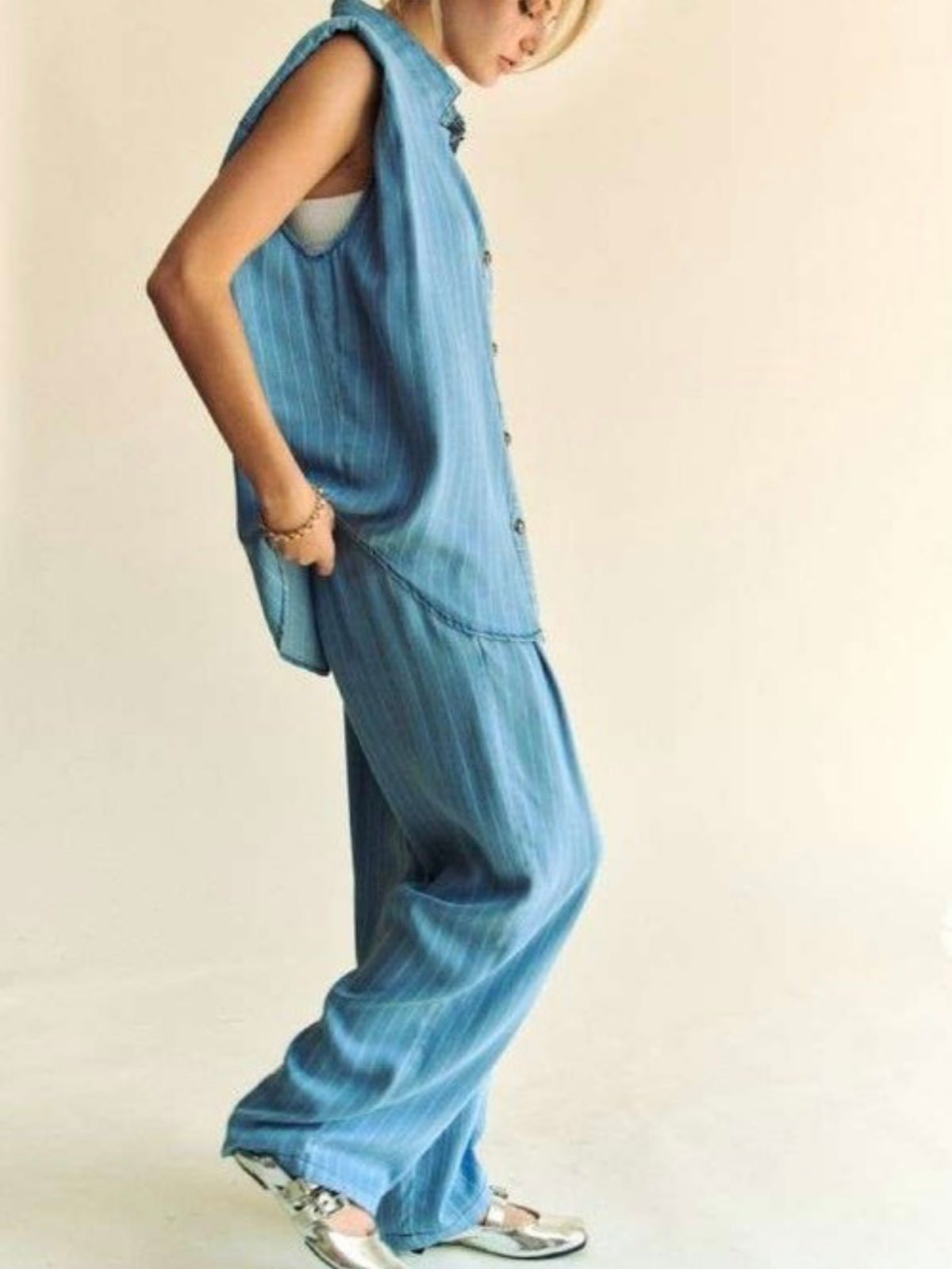 Stripe Muscle Sleeve Denim blouse