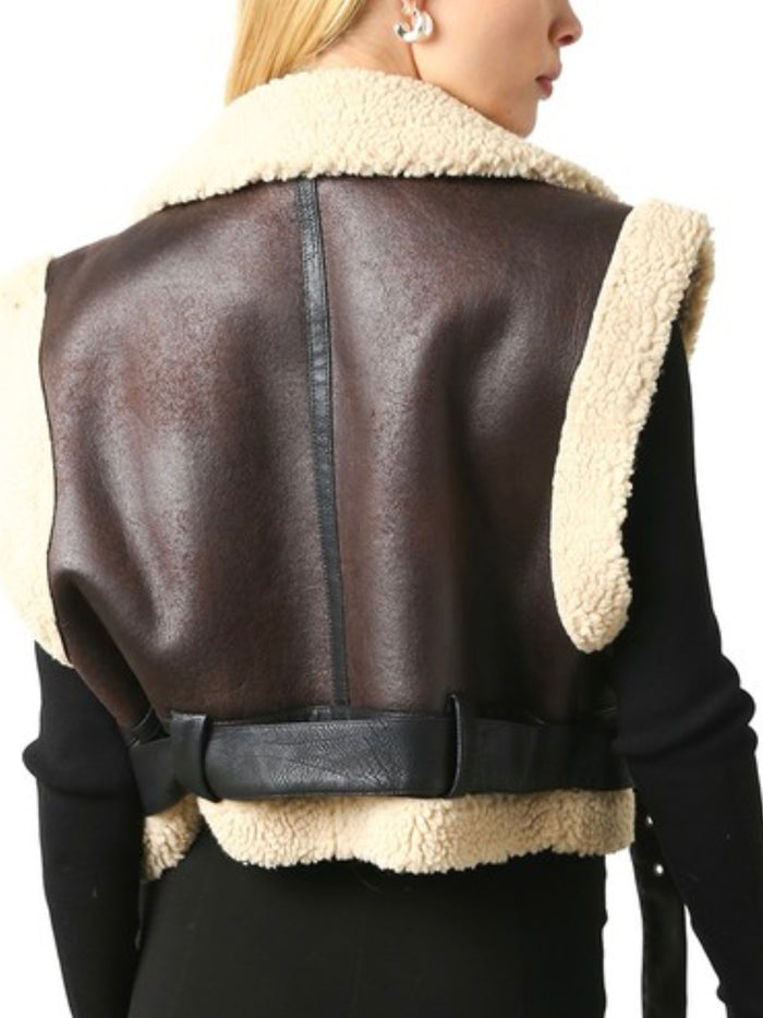 Belted Sherpa Trim Pleather Vest